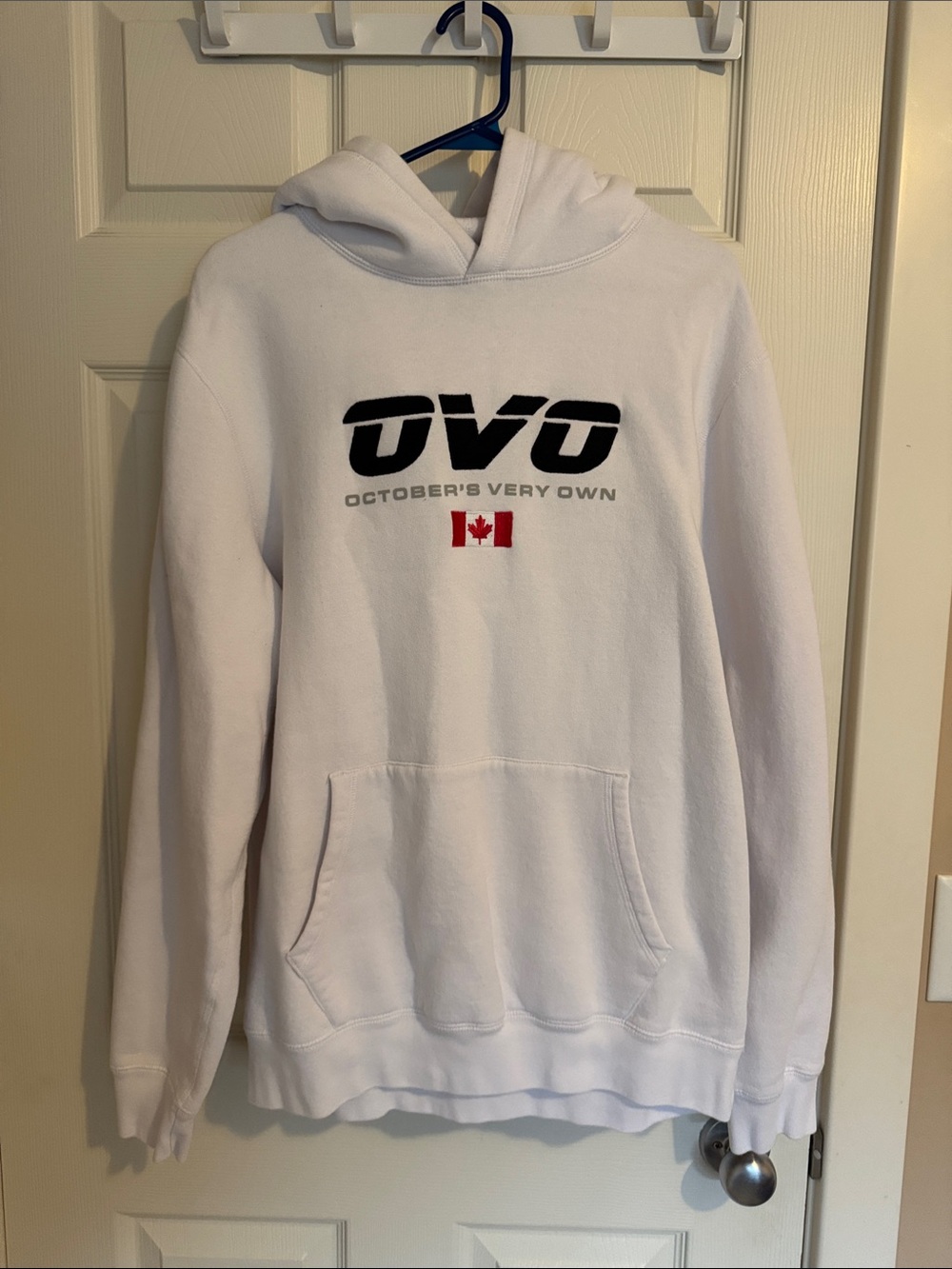 OVO White Hoodie with Black Logo and Red Canadian Flag